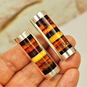 Elegant Bar Style  AMBER EARRINGS In 925 Silver, Rare To Find Gift For Her